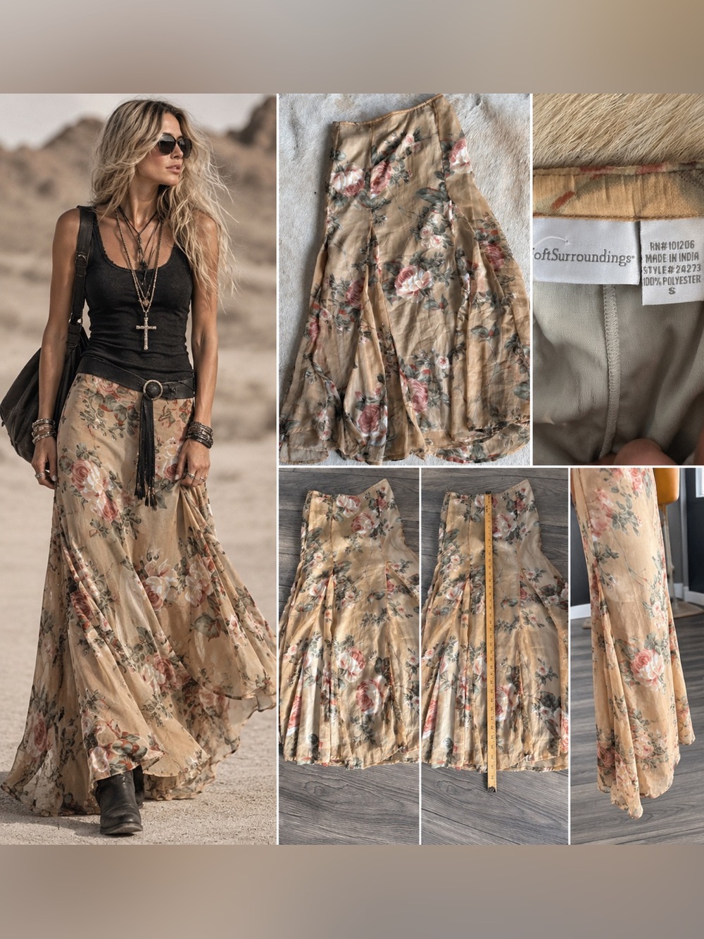 Soft Surroundings Romantic Floral Maxi Skirt Small Cottagecore Boho Rose Print